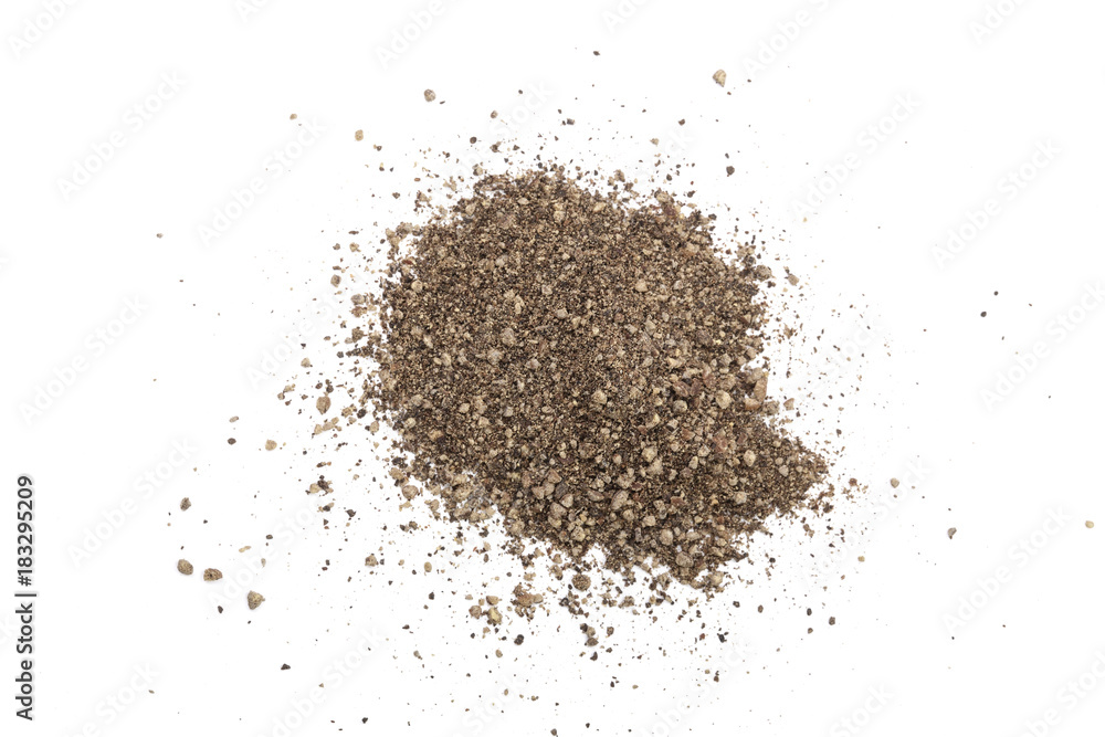 Ground black pepper isolated on white background. Top view Ground black pepper isolated on white background. Top view