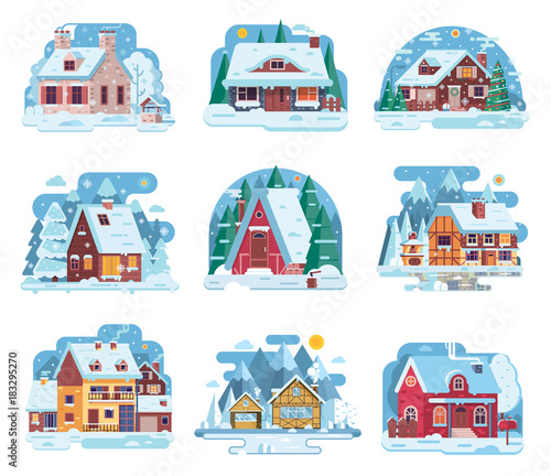Winter country houses and cabins collection. Cartoon snow homes and rural cottages set. Including wooden chalet, mountain lodge, half-timbered mountain house and other snowy buildings in flat design.