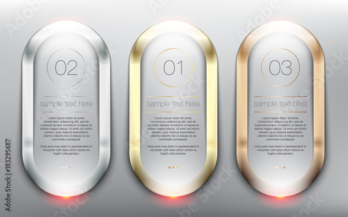 Vector glass web banners set of 3. Glossy circle banners with gold, silver and bronze frames. Isolated on the light panel. Each item contains space for own text. Vector illustration. Eps10.