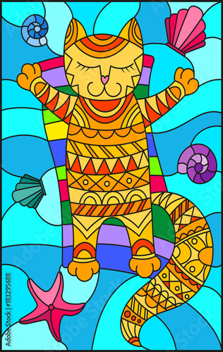Illustration in stained glass style with a funny cat sunbathingon an inflatable mattress in the middle of the waves and  shells