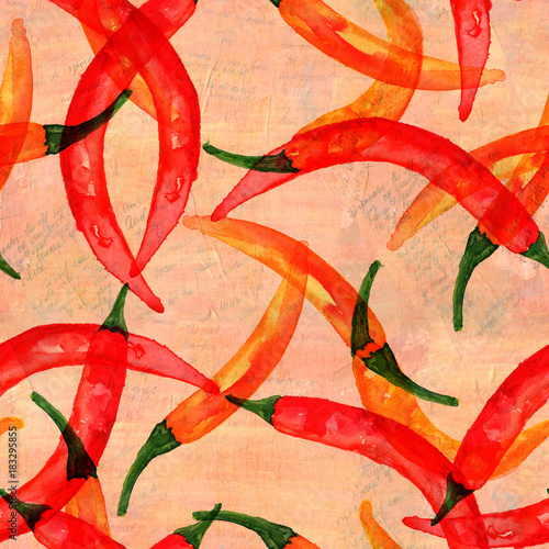 Seamless pattern of watercolor chili peppers on old texts
