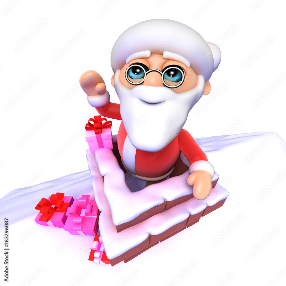 3d Cartoon Santa takes presents at Christmas down the chimney 3d Cartoon Santa takes presents at Christmas down the chimney