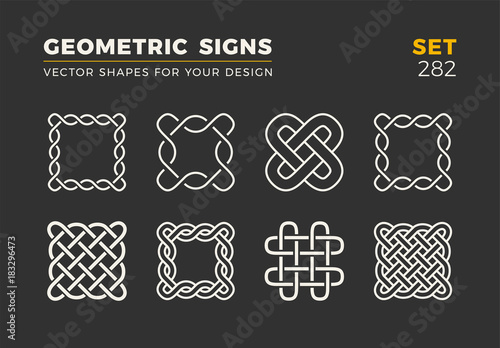Set of eight minimalistic trendy shapes. Stylish vector logo emblems for Your design. Simple geometric signs collection.