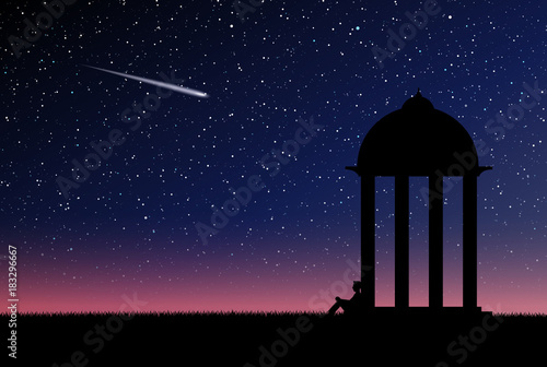Alone person is waiting in front of gazebo, night sky full of stars