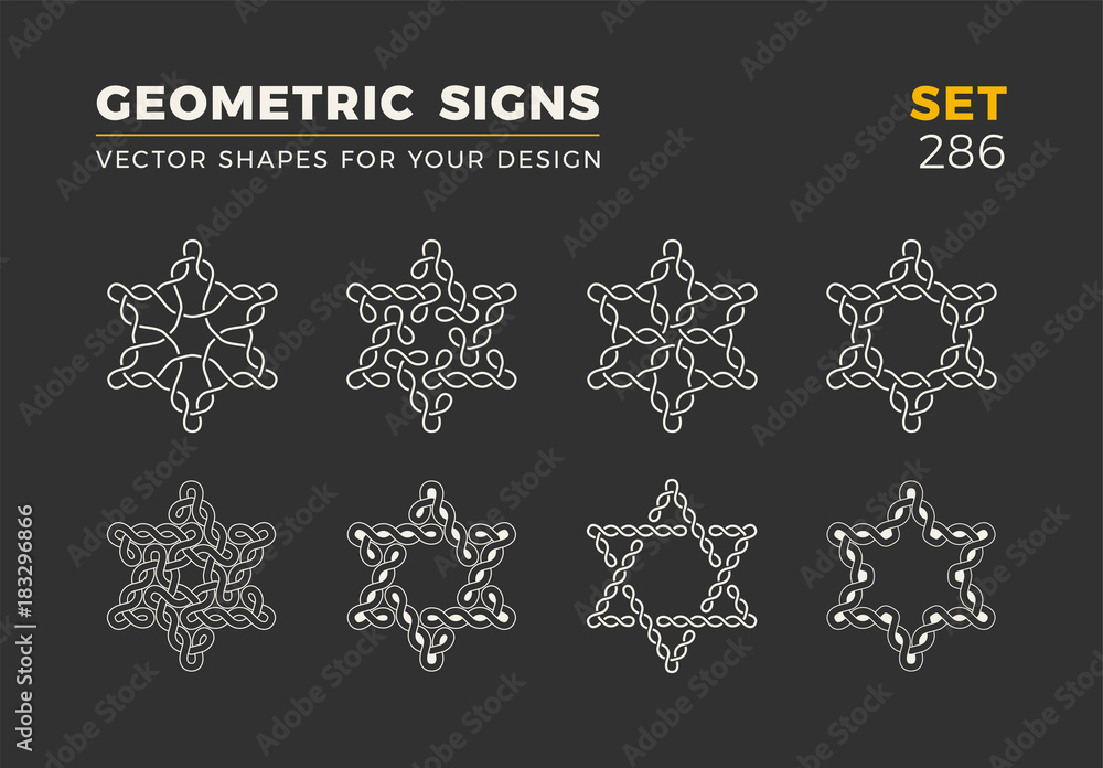 Set of eight minimalistic trendy shapes. Stylish vector logo emblems for Your design. Simple geometric signs collection.