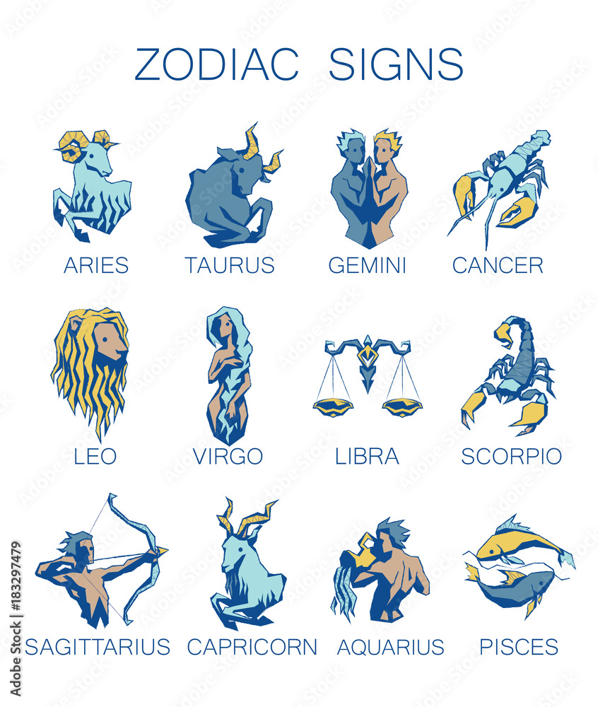 Collection of All Zodiac Signs. Vector illustration of Twelve Zodiacal