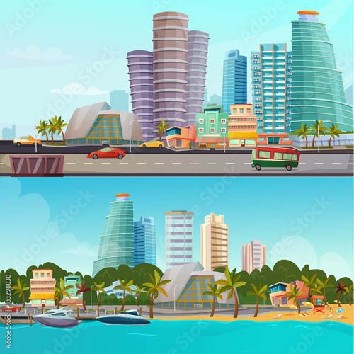 Miami Waterfront Cartoon Banners Set 