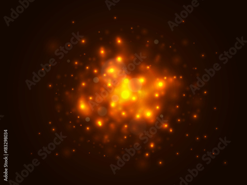 Christmas lights concept. Gold bokeh lights background. Backlit dust particles and lens flare. Vector illustration