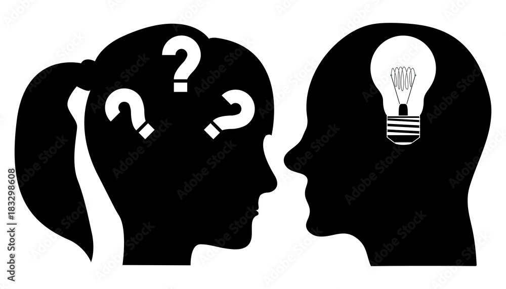 male and female question symbol and bulb male and female question symbol and bulb