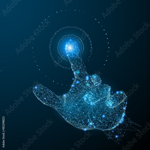 Touch the future low poly wireframe. Vector polygonal image in the form of a starry sky or space, consisting of points, lines, and shapes in the form of stars with destruct shapes. Futuristic concept.