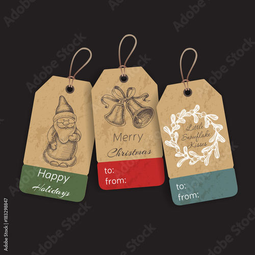 Christmas gift tags with hand drawing elements. Vector illustration sketch Holidays.