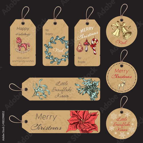Christmas gift tags with hand drawing elements. Vector illustration sketch Holidays.