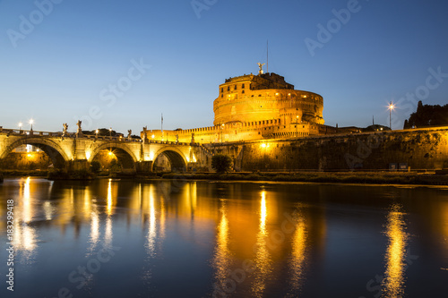 View of the Castle of St. Angel or the Mausoleum of Hadrian in the late evening, Italy