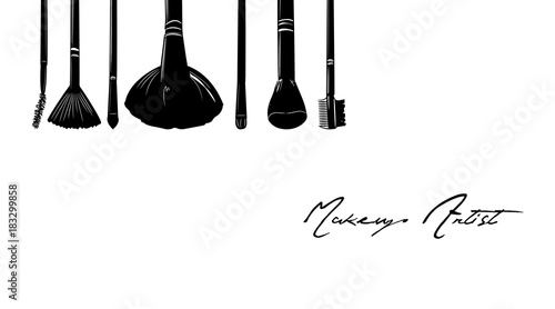 Makeup artist business card. Vector template with black hand drawing makeup brushes set. Modern brush calligraphy.