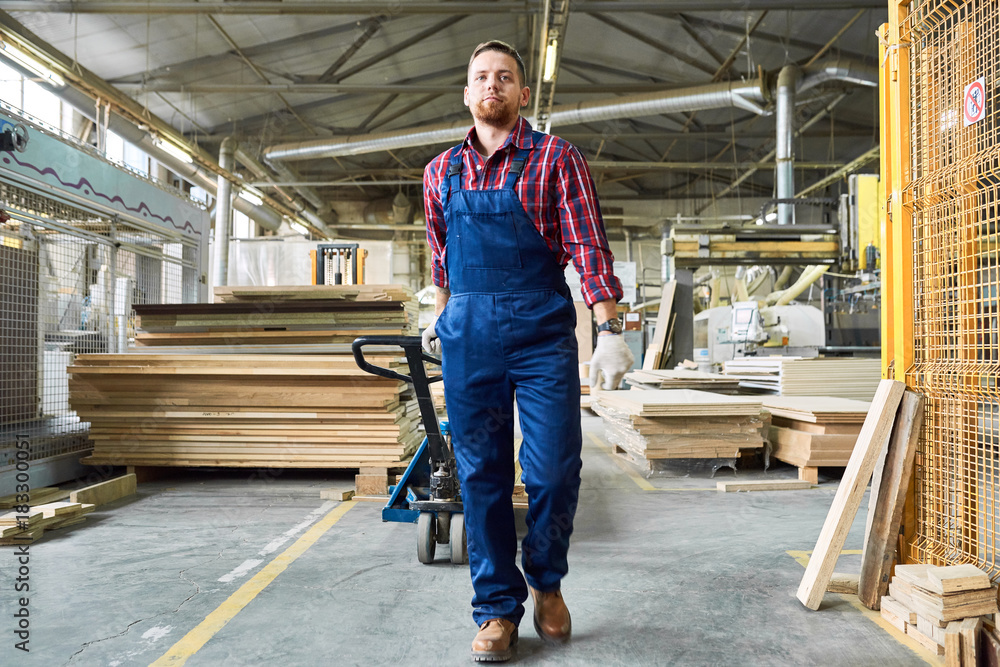 Full length portrait of confident young workman wearing blue overalls moving materials in factory warehouse, copy space Full length portrait of confident young workman wearing blue overalls moving materials in factory warehouse, copy space