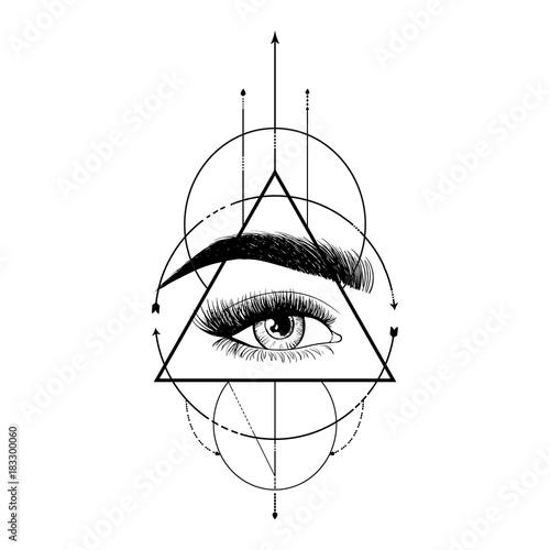 Blackwork tattoo flash. Eye of Providence. Masonic symbol. All seeing eye inside triangle pyramid. New World Order. Sacred geometry, religion, spirituality, occultism. Illustration of third eye sign