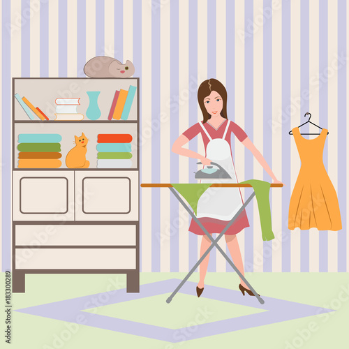 Housewife ironing shirt on ironing board. Flat vector illustration