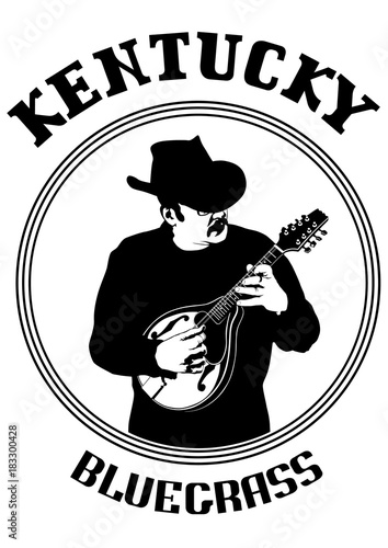 Cowboy in hat with mandolin on a white background