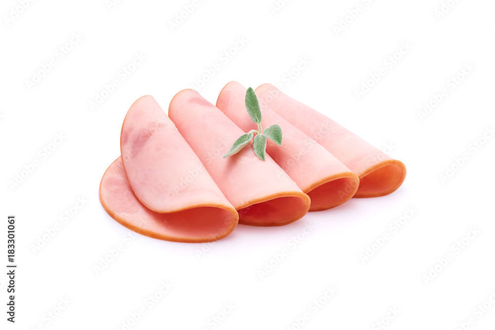 Cooked boiled ham sausage or rolled bologna slices isolated on white background with herbs and spices Cooked boiled ham sausage or rolled bologna slices isolated on white background with herbs and spices