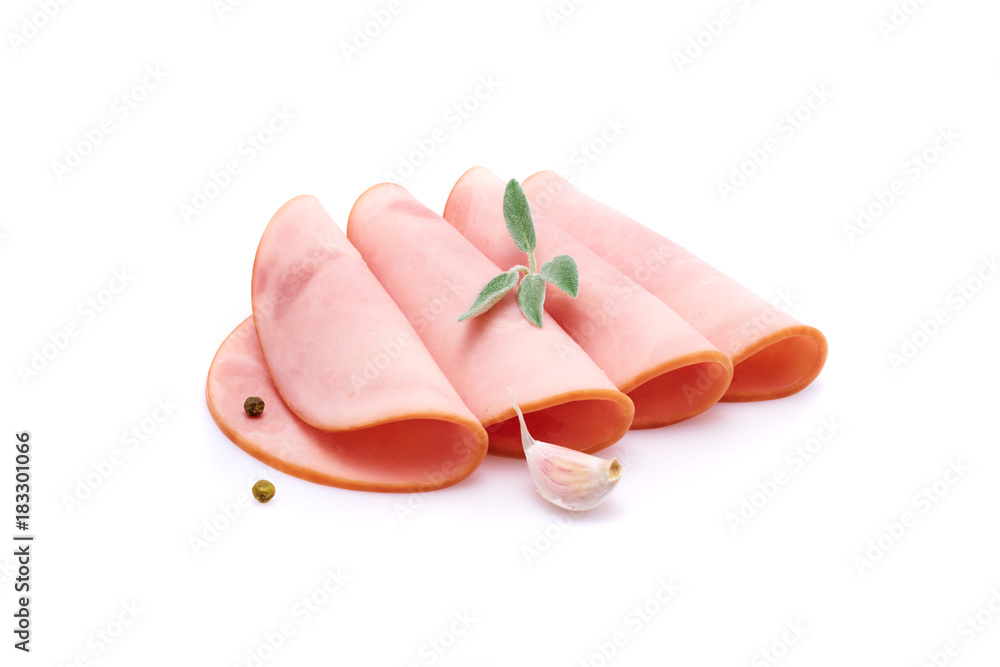 Cooked boiled ham sausage or rolled bologna slices isolated on white background with herbs and spices Cooked boiled ham sausage or rolled bologna slices isolated on white background with herbs and spices