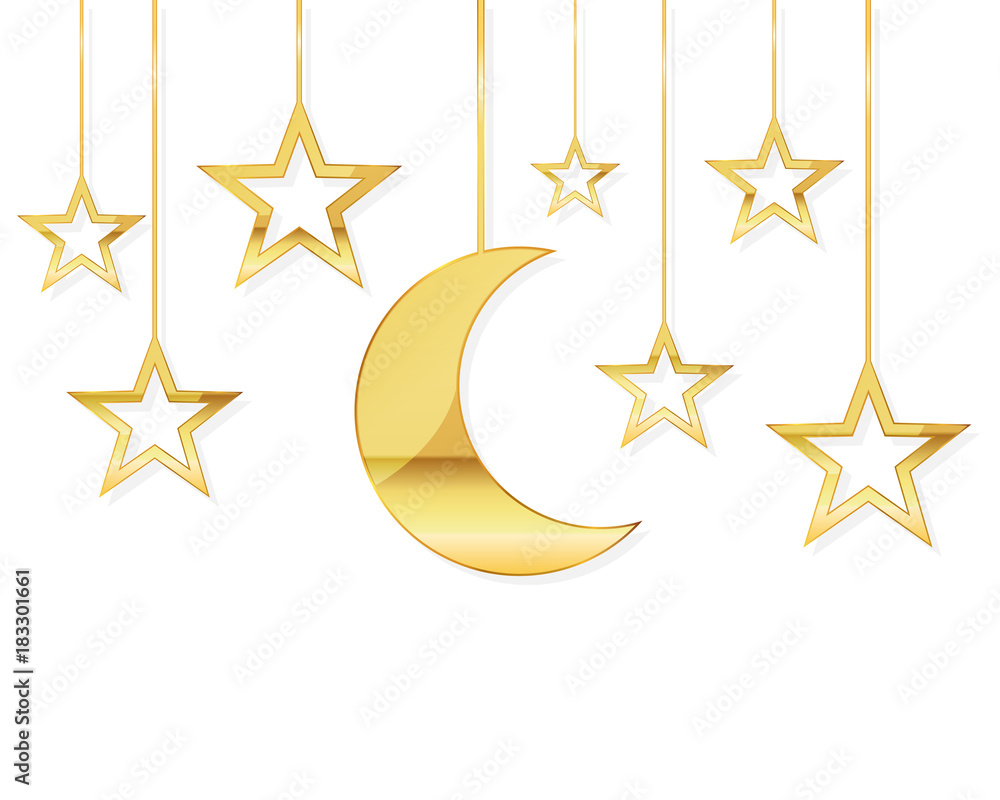 Celebratory background with a golden moon and stars. Vector illustration. - obrazy, fototapety, plakaty 
