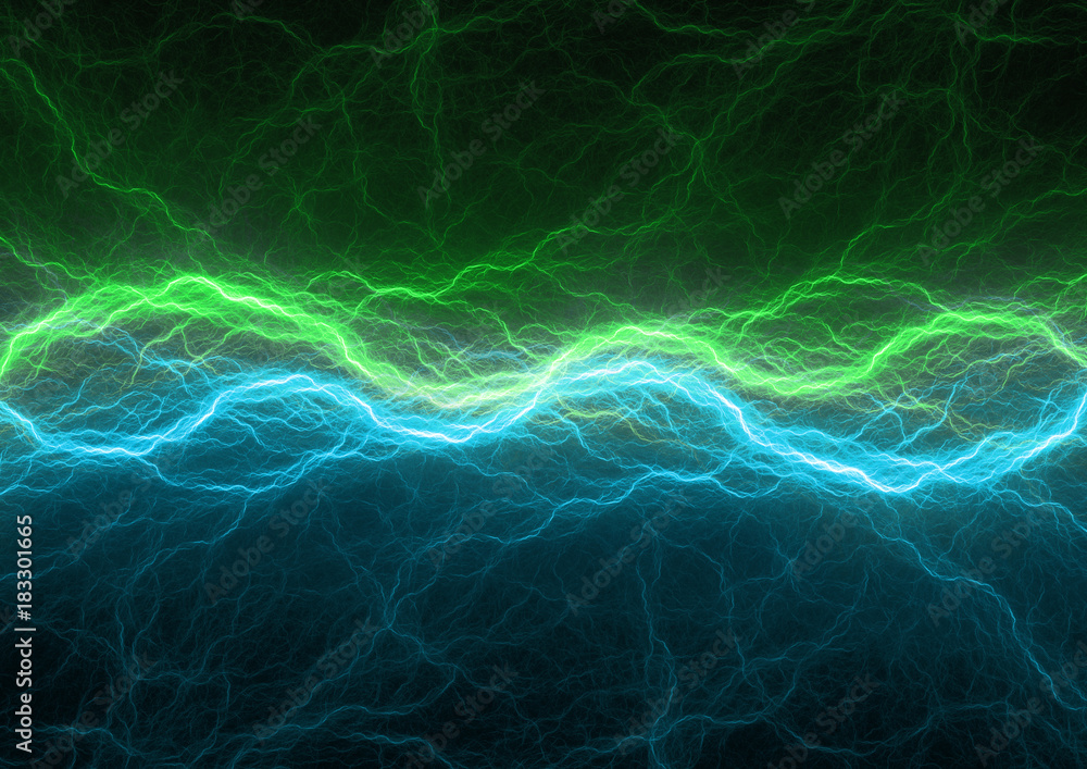 Fototapeta premium Green and blue electrical lightnings, abstract plasma