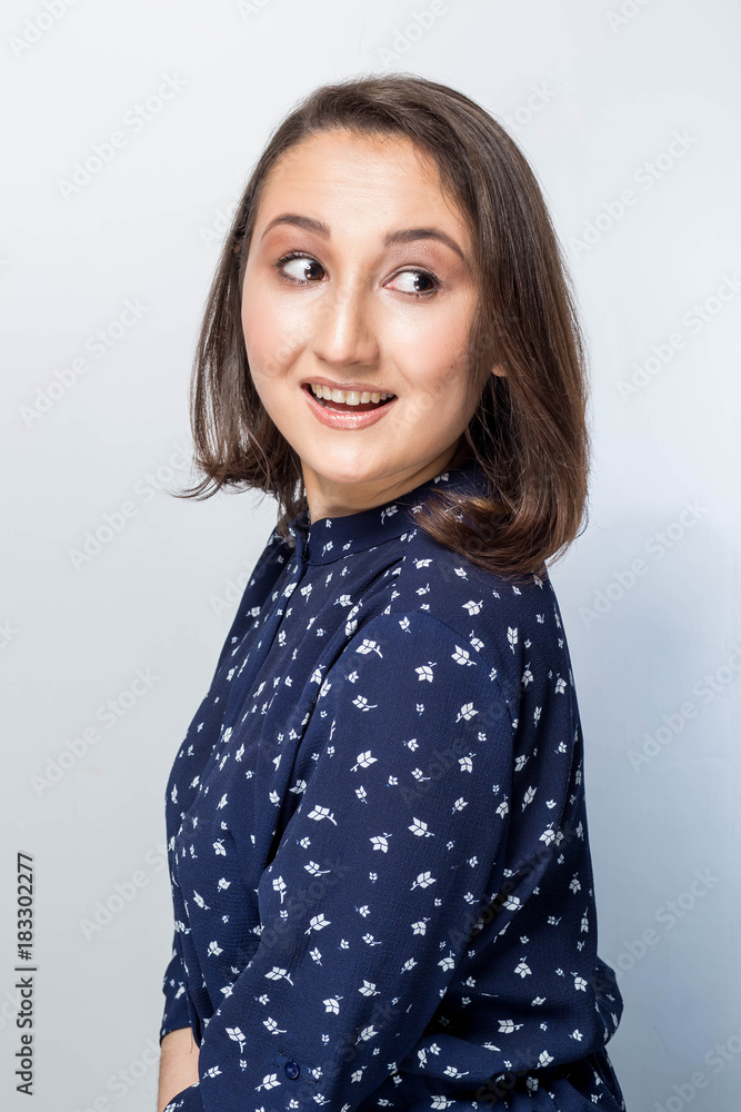 Woman smiling with perfect smile and white teeth, looking to the side, laugh. Woman smiling with perfect smile and white teeth, looking to the side, laugh.