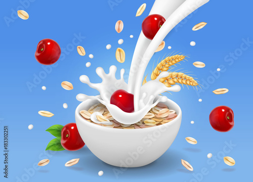Oatmeals, Oat flakes muesli with cherry and milk splash vector illustration.