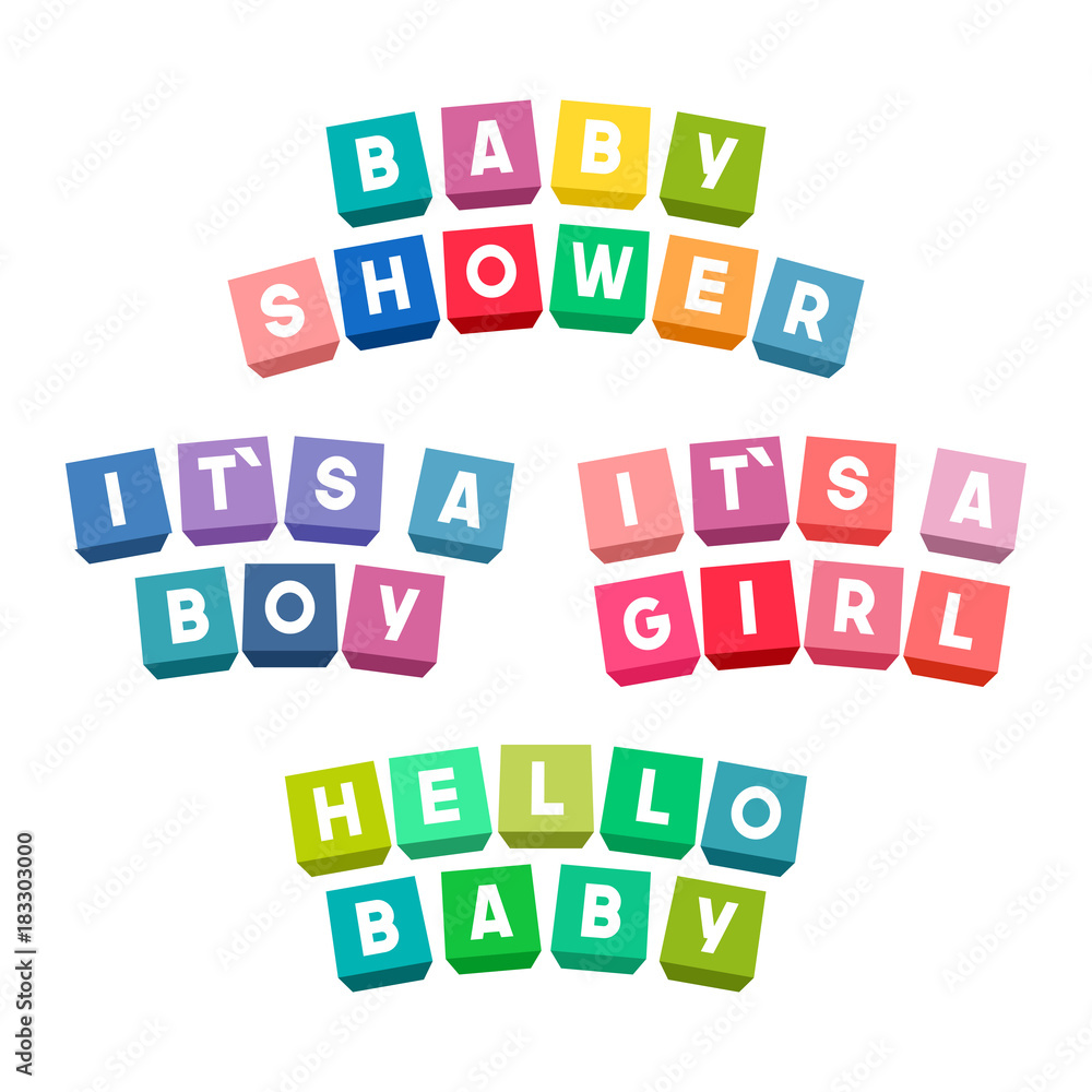 Baby shower lettering on colorful toy bricks. Its a boy. Its a girl. Hello baby. Cubes vector illustration isolated on white background. Baby shower lettering on colorful toy bricks. Its a boy. Its a girl. Hello baby. Cubes vector illustration isolated on white background.