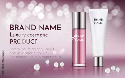 A beautiful templates for cosmetic ads, realistic 3d pink bottle with white cosmetic tube for moisturizing skincare cream on a shiny bokeh background with water pearl