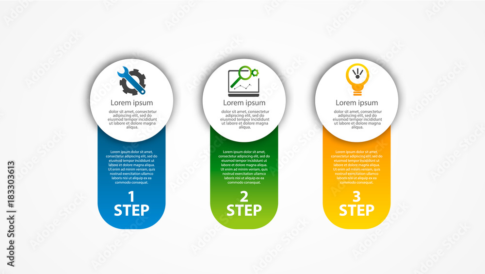 Vector illustration. An infographic template with 3 steps and an image of three rectangles. Use for business presentations, education, web design. Place for text and icons Vector illustration. An infographic template with 3 steps and an image of three rectangles. Use for business presentations, education, web design. Place for text and icons