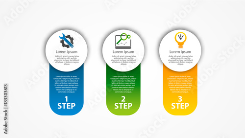 Vector illustration. An infographic template with 3 steps and an image of three rectangles. Use for business presentations, education, web design. Place for text and icons