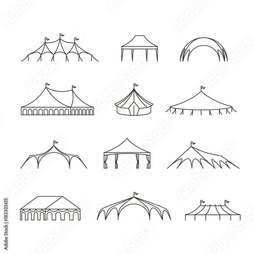 Event and wedding outdoor marquee tents vector line icons