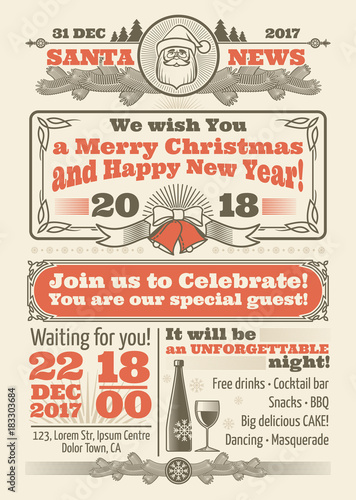 Retro christmas newspaper with xmas typography and winter festive vector decoration