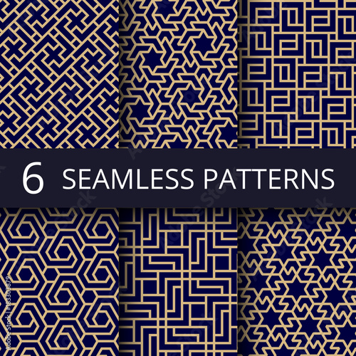Arabic culture seamless vector patterns. Gold asian decoration repeat backgrounds