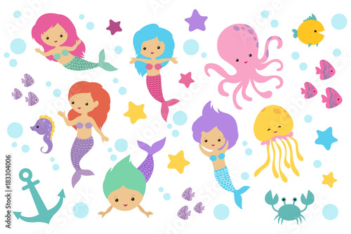 Photography Cute cartoon mermaids, sea animals and ocean life objects vector set