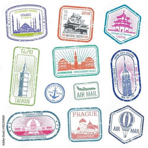 Vintage travel stamps with major monuments and landmarks vector set