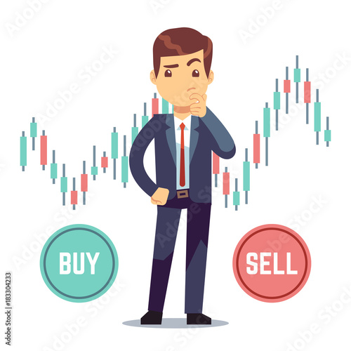 Billede på lærred Young man trader and business candlestick chart with buy and sell buttons