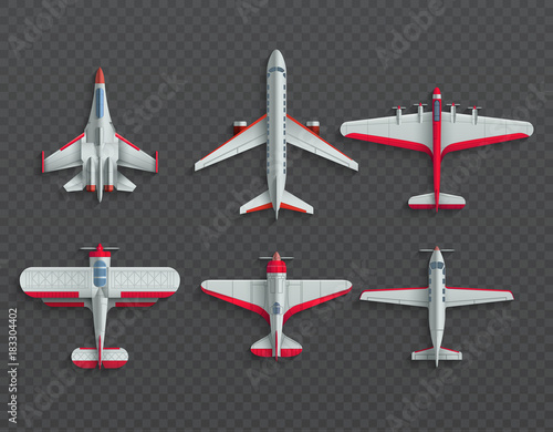 Airplanes and military aircraft top view. 3d airliner and fighter vector icons