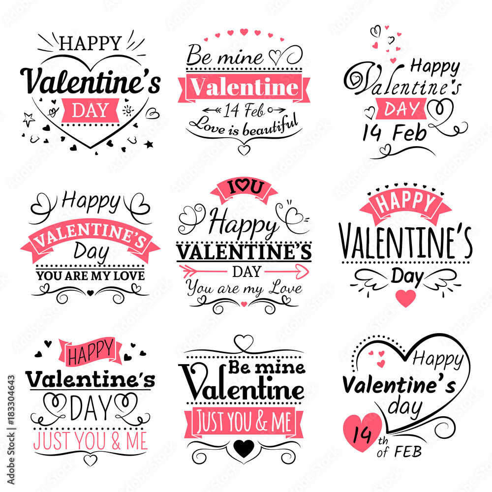 Valentines Day typography, ribbon banners and decoration elements vector set Valentines Day typography, ribbon banners and decoration elements vector set