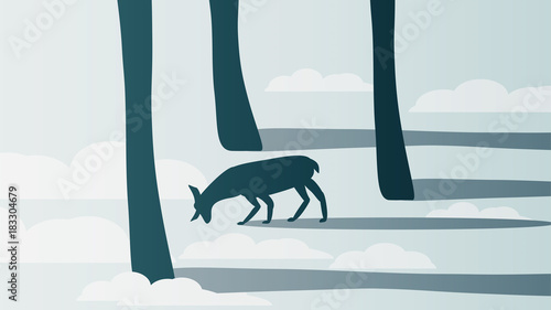 Minimal Winter Forest Scene with Stag - Vector Illustration.