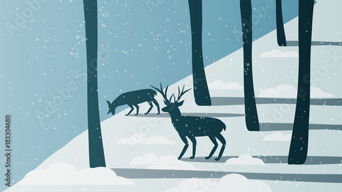 Minimal Winter Forest Scene with Stag Near a River - Vector Illustration.