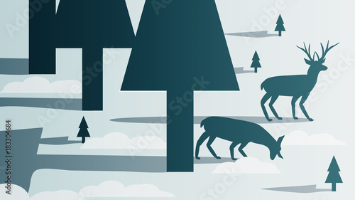 Minimal Winter Forest Scene with Stag - Vector Illustration.