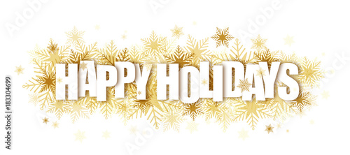 HAPPY HOLIDAYS typography banner on golden snowflakes