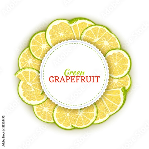 Round colored frame composed of tropical green grapefruit. Vector card illustration. Circle citrus pomelo citrus fruit frame for design of food packaging juice breakfast, cosmetics, tea, detox diet.