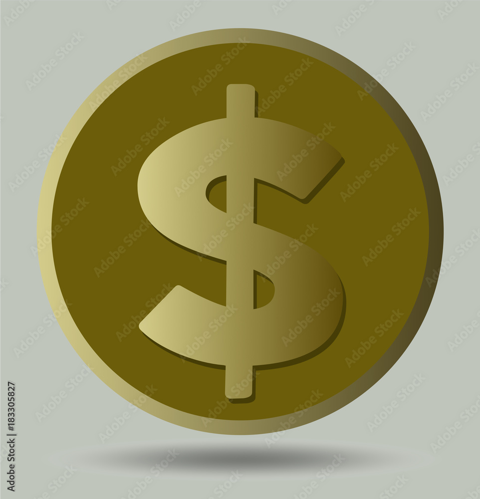 US dollar symbol on gold coin, isolated object on light gray background with shadow below object, american currency symbol US dollar symbol on gold coin, isolated object on light gray background with shadow below object, american currency symbol