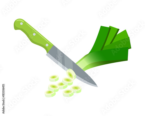 Cooking vegetables. Slicing leek by knife. Vector illustration cartoon flat icon isolated on white.