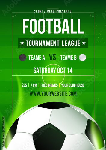 Football league tournament flyer invitation vector illustration, Soccer ball with football pitch background. (RGB Color)