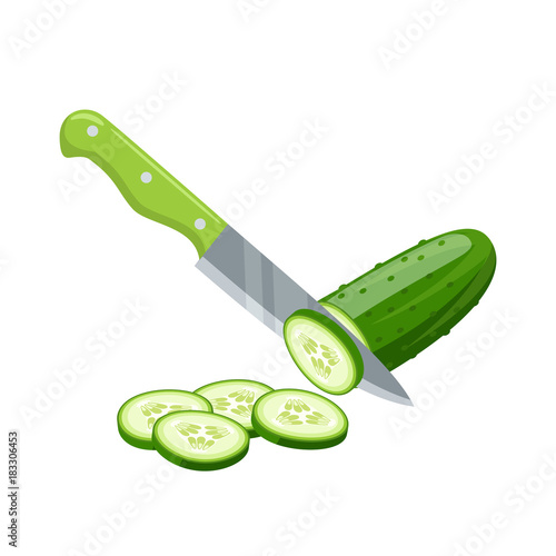 Cooking vegetables. Slicing cucumber by knife. Vector illustration cartoon flat icon isolated on white.