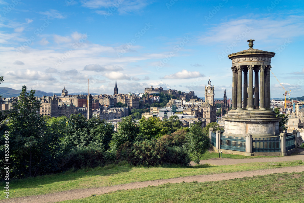 Dugald Stewart monument on Calton Hill with a view on Edinburgh